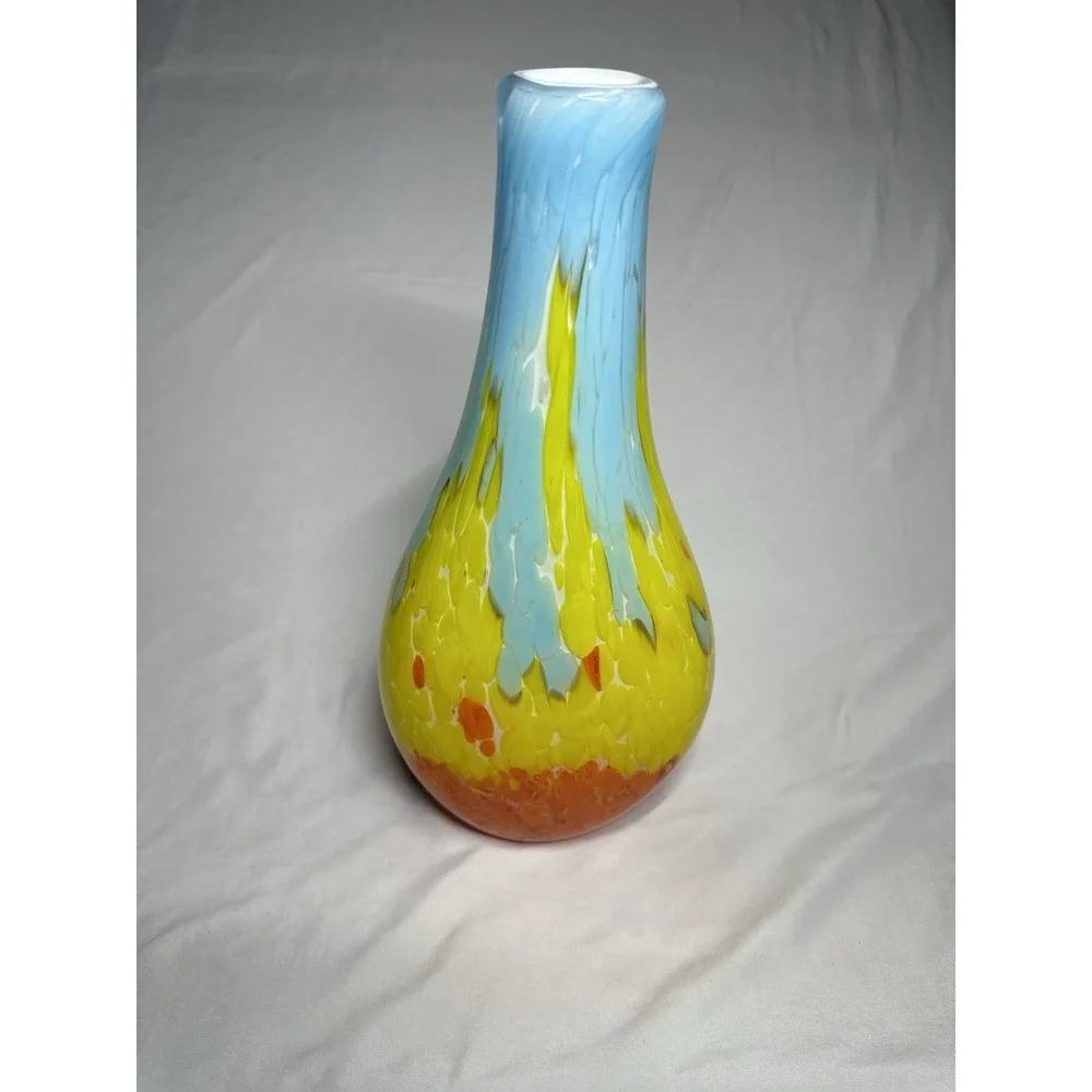MCM Large Vintage Italian Art Glass Vase blue Yellow‎ Orange Fire & Water flame